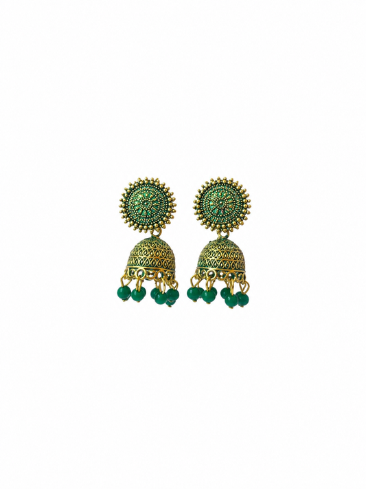 Green Bead Golden Traditional Jhumka Earrings for Women and Girls