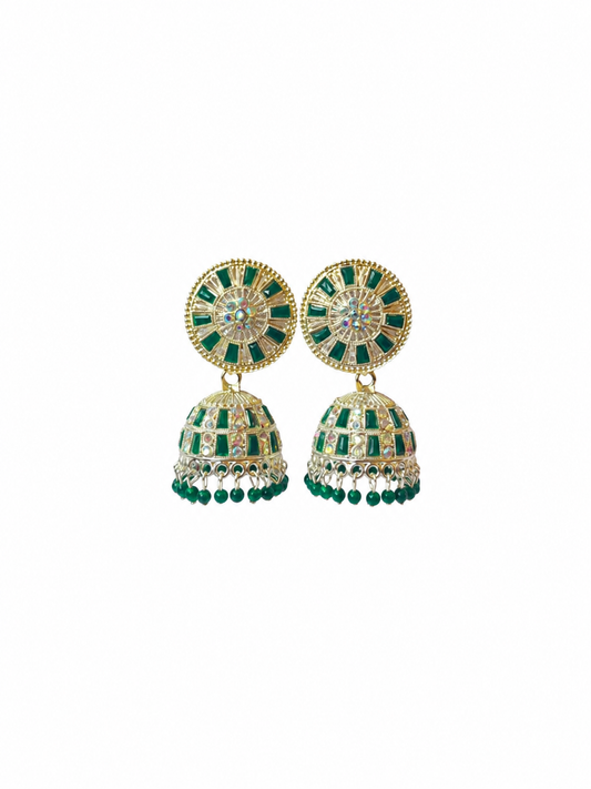 Green Golden Stone Work Traditional Jhumka Earrings for Women and Girls