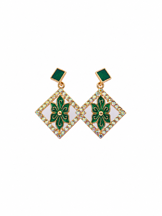 Emerald Green Floral Diamond Drop Earrings for Women | Gold-Plated Party Wear Earrings
