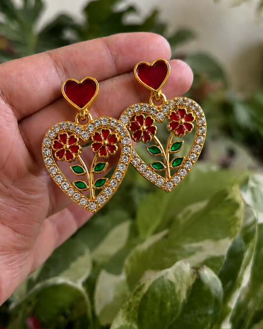 Ruby Heart Floral Crystal Earrings