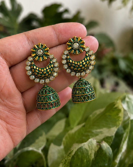 Green Golden Chandbali Jhumka Earrings for Women and Girls