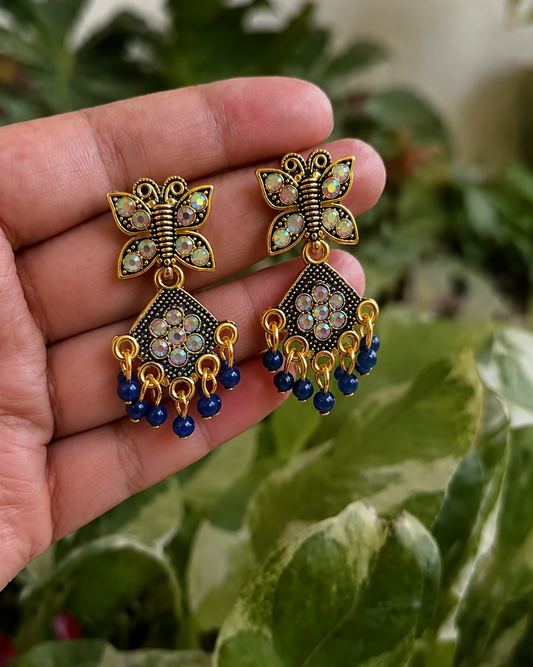 Blue Butterfly Charm Earrings with Bead Hangings for Women and Girls