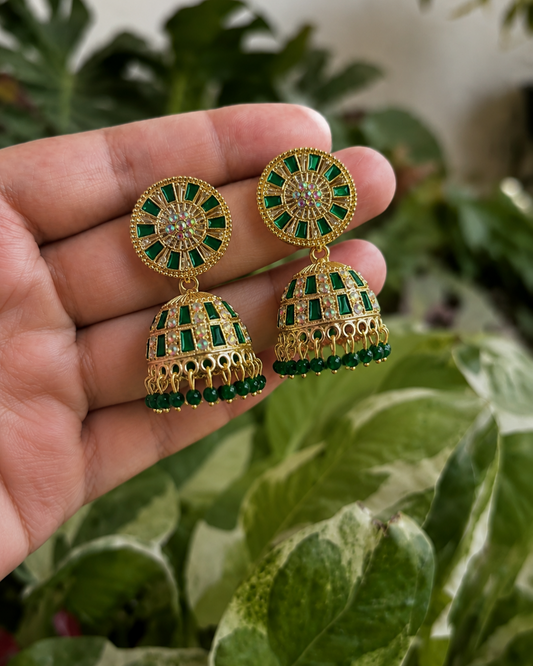 Green Golden Stone Work Traditional Jhumka Earrings for Women and Girls
