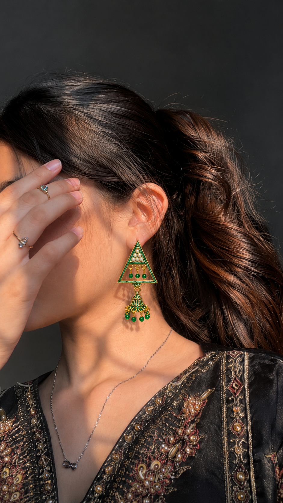 Trendy Green Triangle Jhumka Earrings for Women | Aesthetic Korean Style Ethnic Earrings