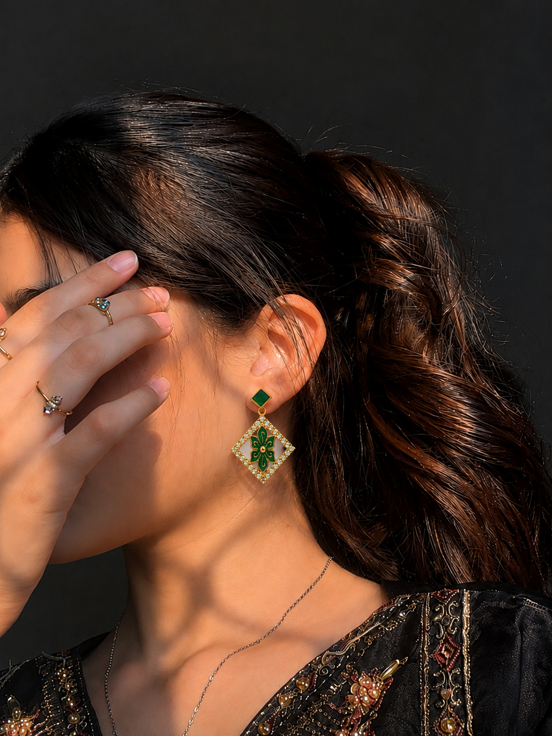 Emerald Green Floral Diamond Drop Earrings for Women | Gold-Plated Party Wear Earrings