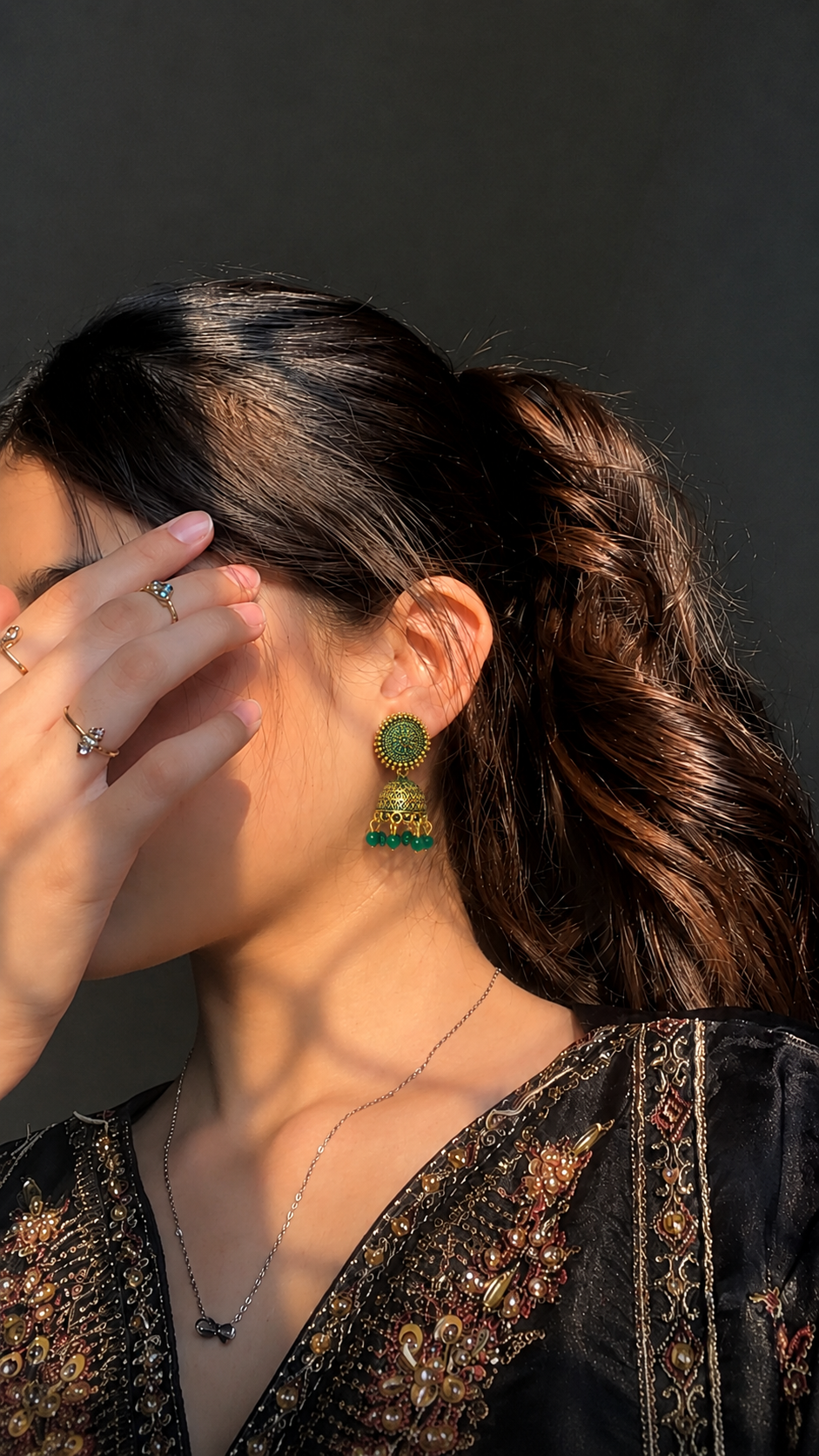 Green Bead Golden Traditional Jhumka Earrings for Women and Girls