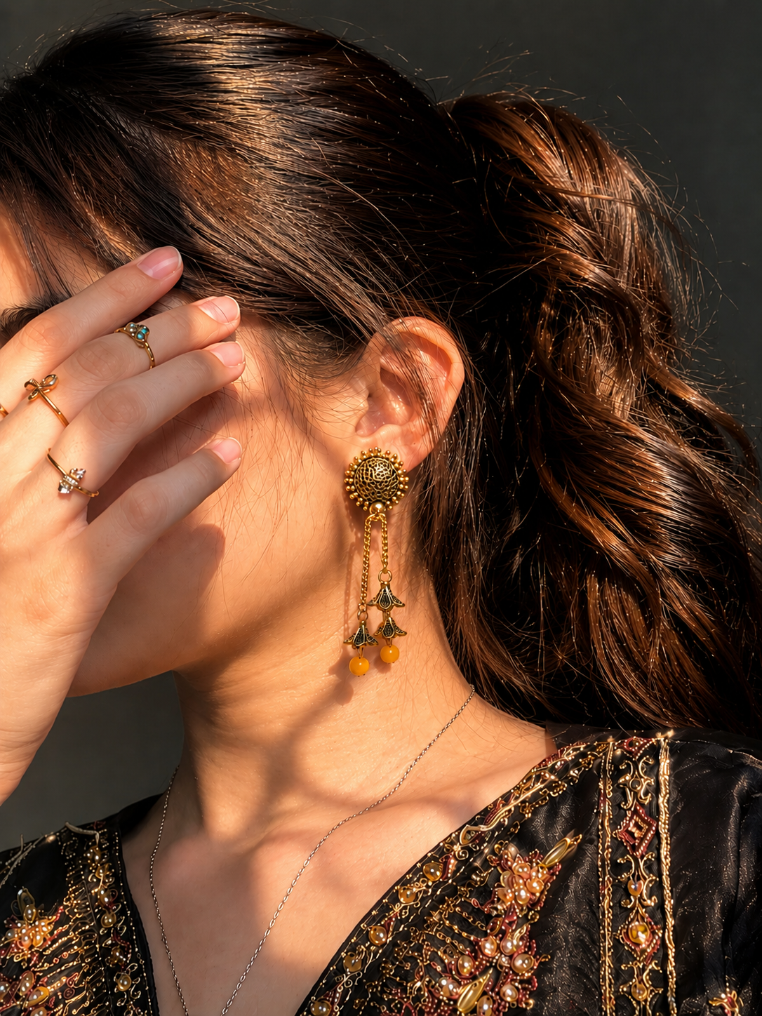 Golden Yellow Bead Chain Jhumka Earrings for Women | Traditional Long Dangler Jhumkas