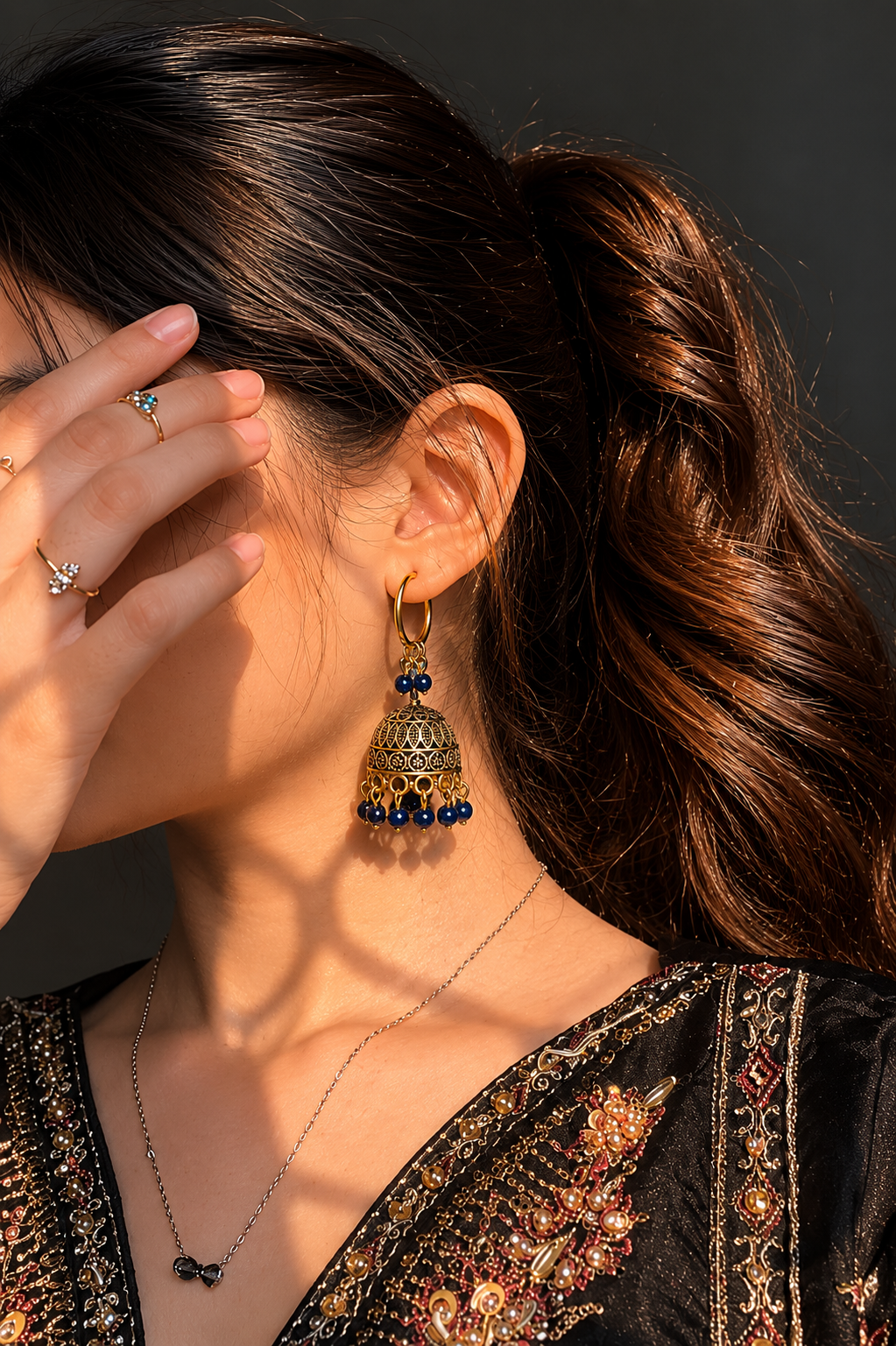 Blue Bead Hoop Jhumka Earrings for Women | Black Golden Traditional Earrings