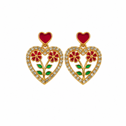 Ruby Heart Floral Crystal Earrings
