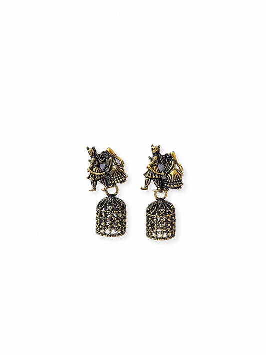 Oxidised Radha Krishna Jhumka Earrings for Women | Traditional Black Golden Earrings