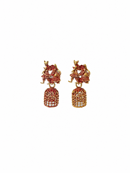 Radha Krishna Red Golden Traditional Jhumka Earrings for Women and Girls