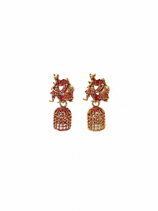 Radha Krishna Red Golden Traditional Jhumka Earrings for Women and Girls