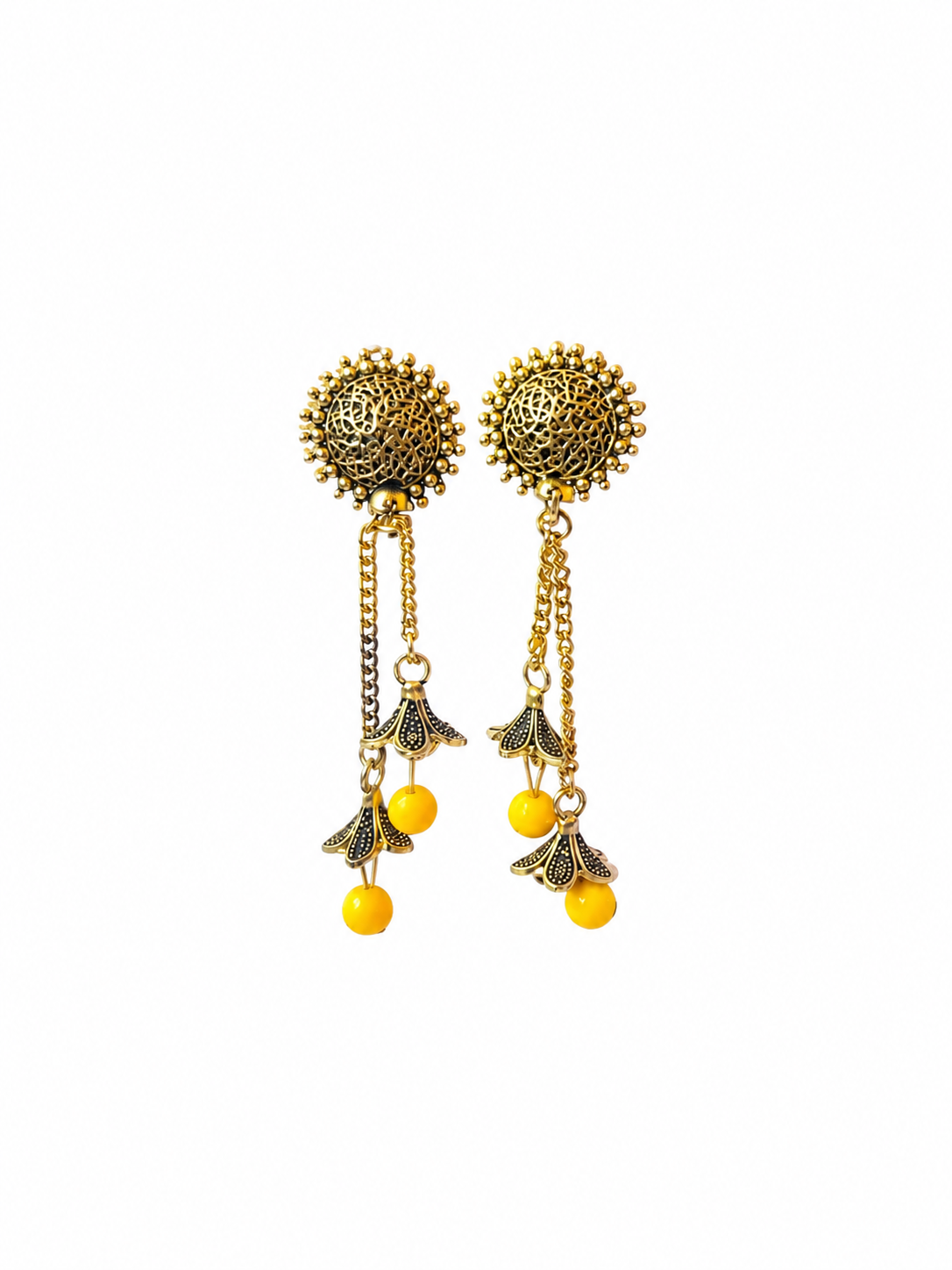 Golden Yellow Bead Chain Jhumka Earrings for Women | Traditional Long Dangler Jhumkas