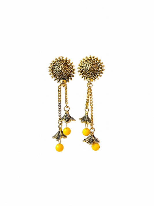 Golden Yellow Bead Chain Jhumka Earrings for Women | Traditional Long Dangler Jhumkas