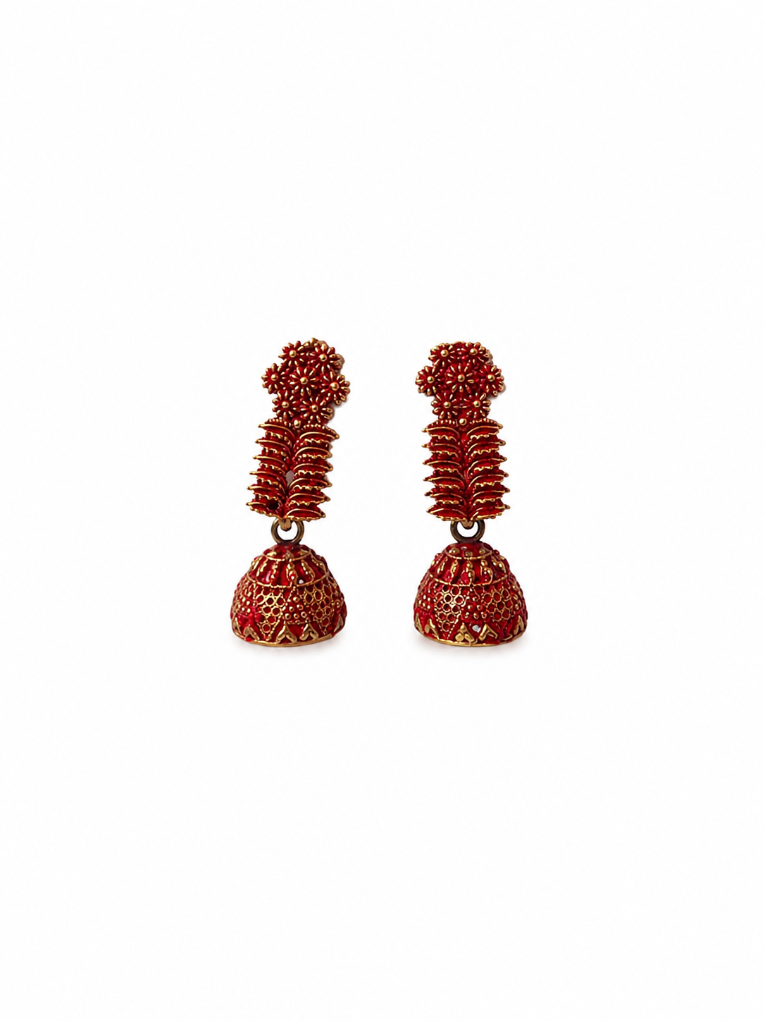Red Golden Floral Traditional Jhumka Earrings for Women and Girls