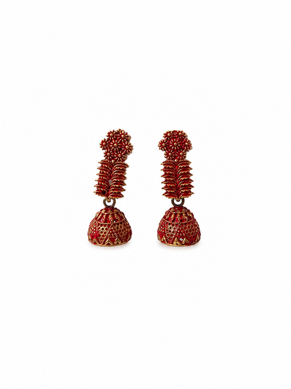 Red Golden Floral Traditional Jhumka Earrings for Women and Girls