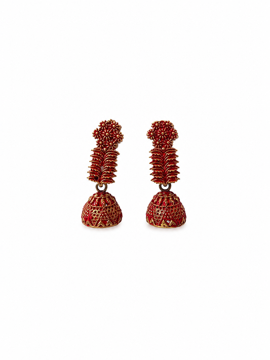 Red Golden Floral Traditional Jhumka Earrings for Women and Girls