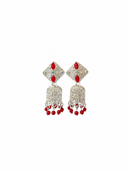 Red Stone Silver Jhumka Earrings for Women | Traditional Ethnic Drop Earrings