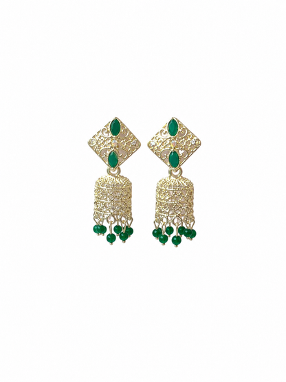 Green Stone Jhumka Earrings for Women | Traditional Drop Earrings