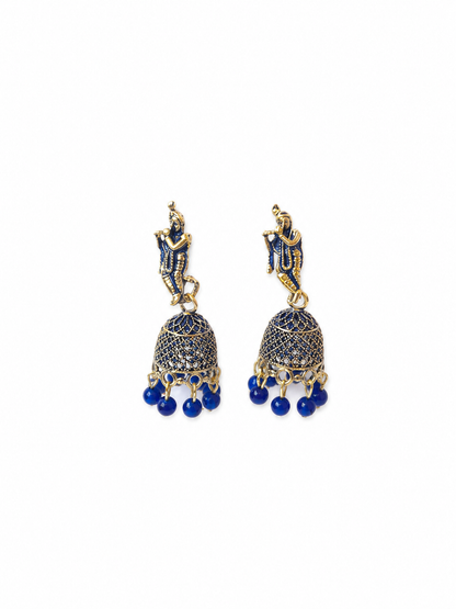 Blue Krishna Design Jhumka Earrings with Bead Drops for Women and Girls