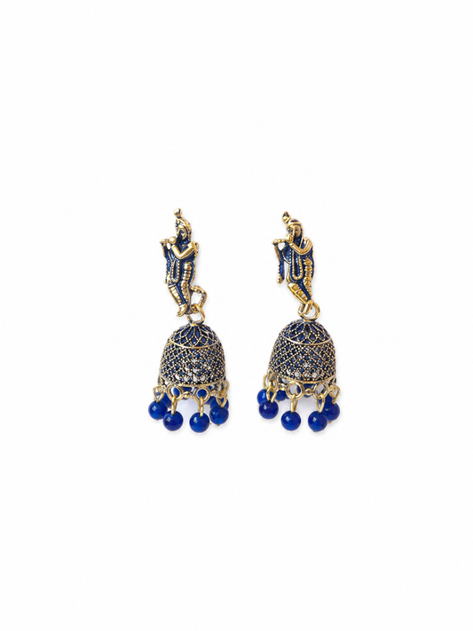 Blue Krishna Design Jhumka Earrings with Bead Drops for Women and Girls