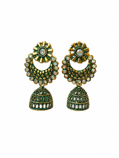 Green Golden Chandbali Jhumka Earrings for Women and Girls