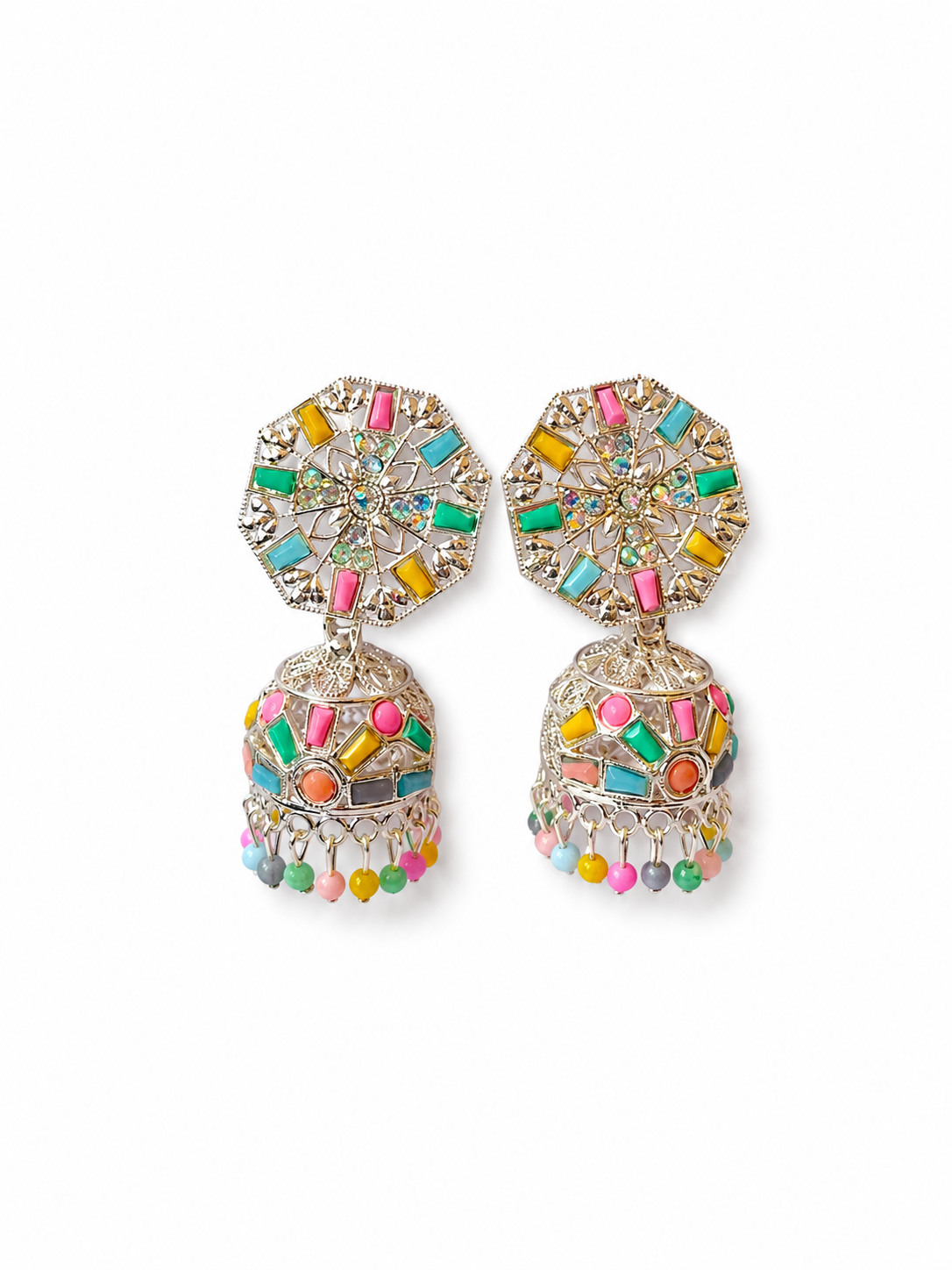 Multicolor Mosaic Jhumka Earrings with Pastel Bead Drops for Women and Girls