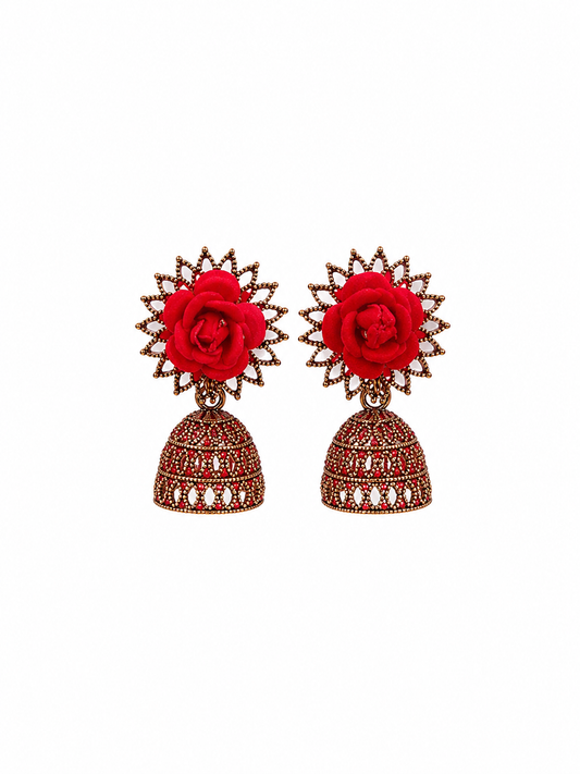 Rose Bloom Traditional Jhumka Earrings for Women | Red Floral Ethnic Party Earrings