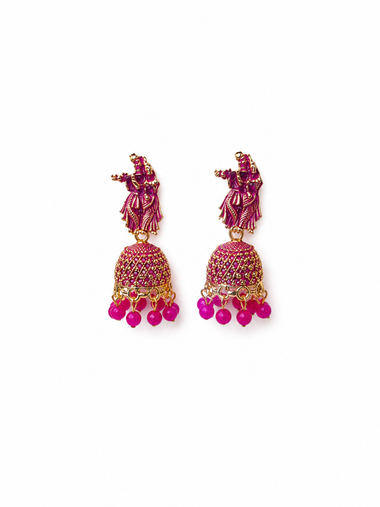 Radha Krishna Pink Jhumka Earrings for Women | Traditional Festive Earrings