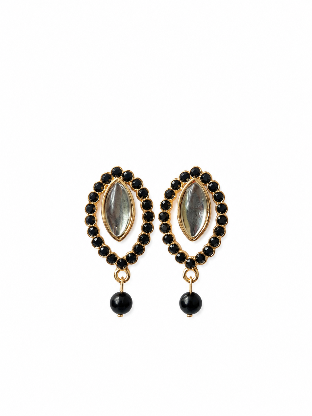 Black Onyx Look Oval Statement Earrings with Pearl Drop for Women