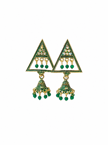 Trendy Green Triangle Jhumka Earrings for Women | Aesthetic Korean Style Ethnic Earrings