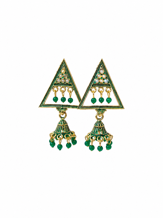 Trendy Green Triangle Jhumka Earrings for Women | Aesthetic Korean Style Ethnic Earrings