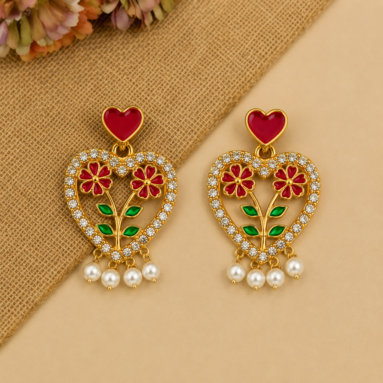 Ruby Heart Floral Crystal Earrings