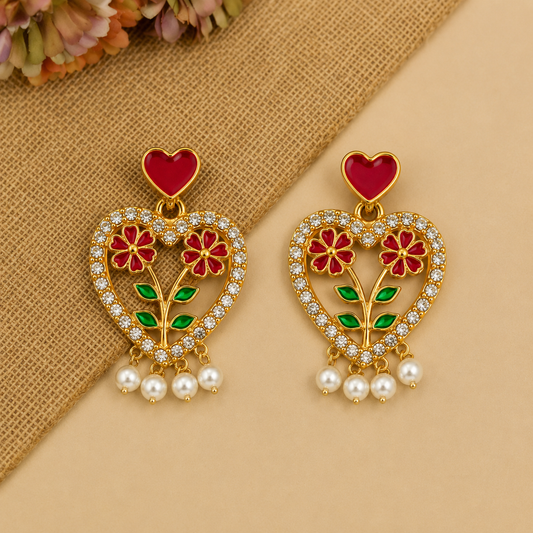 Ruby Heart Floral Crystal Earrings
