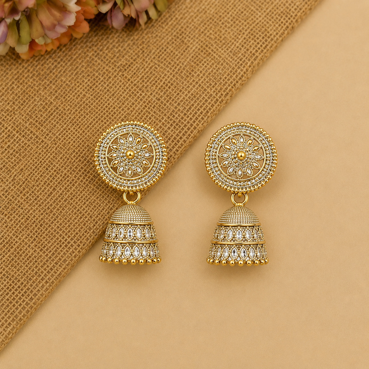 Golden Round Jhumka Earrings for Women | Traditional Pearl Look Earrings