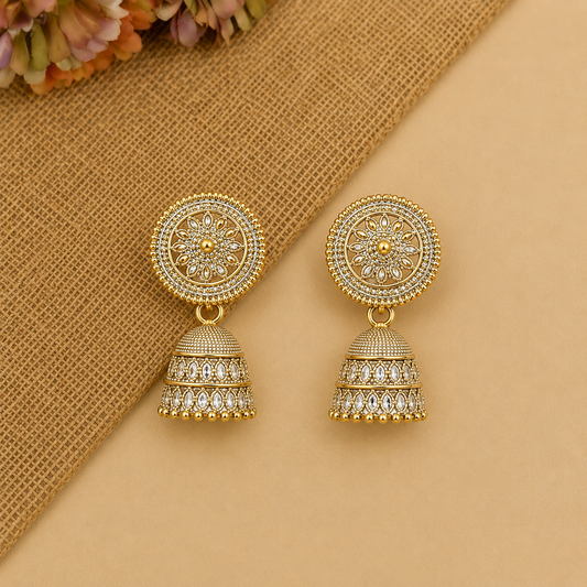Golden Round Jhumka Earrings for Women | Traditional Pearl Look Earrings