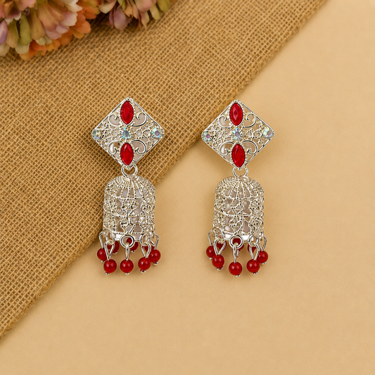 Red Stone Silver Jhumka Earrings for Women | Traditional Ethnic Drop Earrings