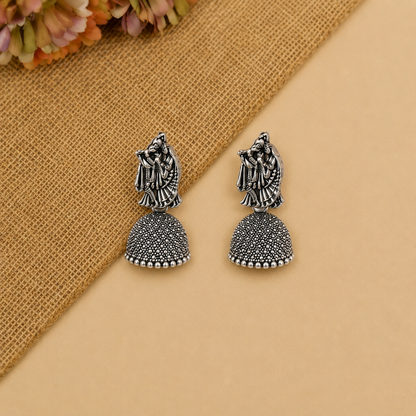 Oxidised Radha Krishna Jhumka Earrings for Women | Traditional Silver Look Earrings