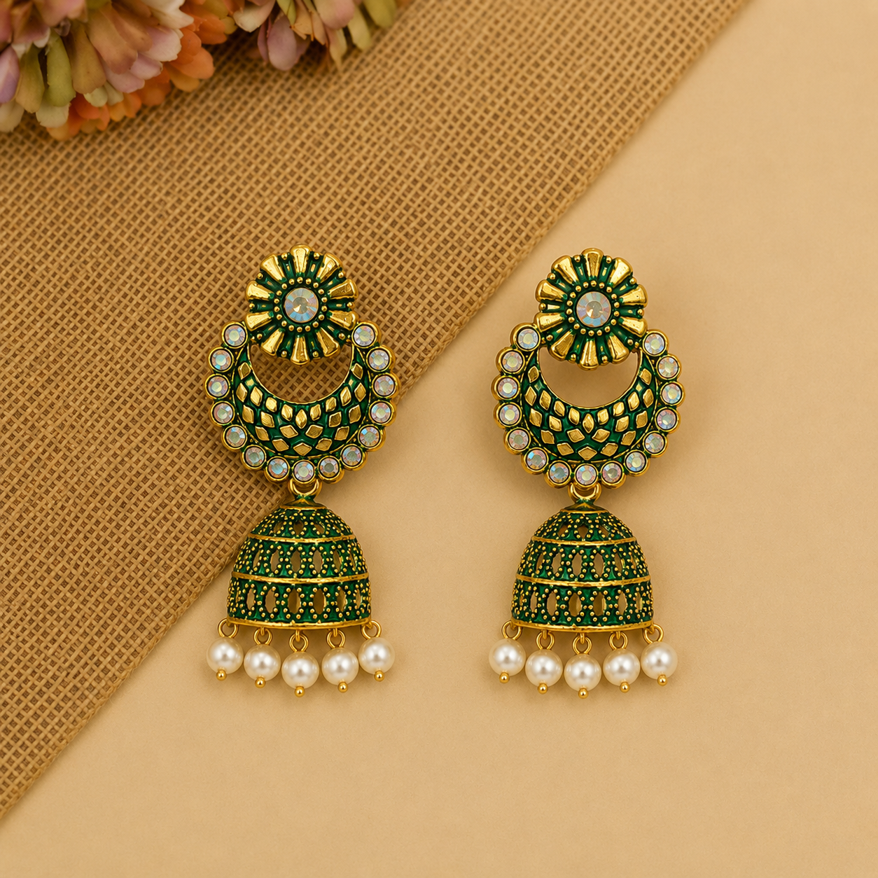 Green Golden Chandbali Jhumka Earrings for Women and Girls