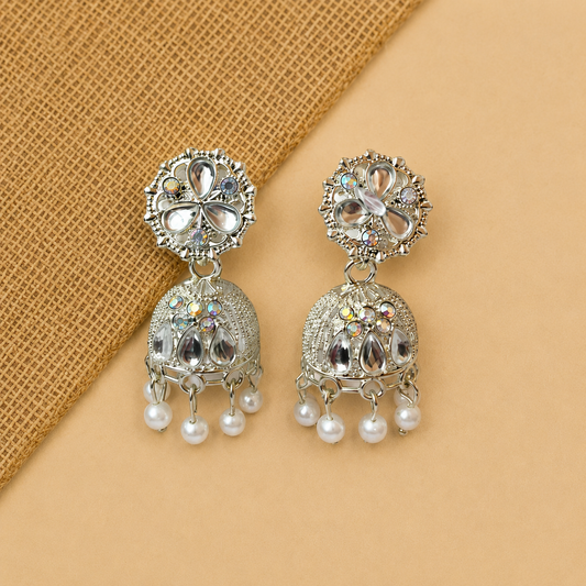 Aesthetic Silver Jhumka Earrings for Women | Korean Style Pearl Drop Party Earrings