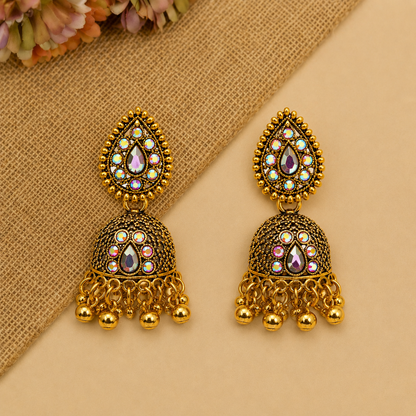 Antique Golden Jhumka Earrings for Women | Traditional Stone Jhumkas