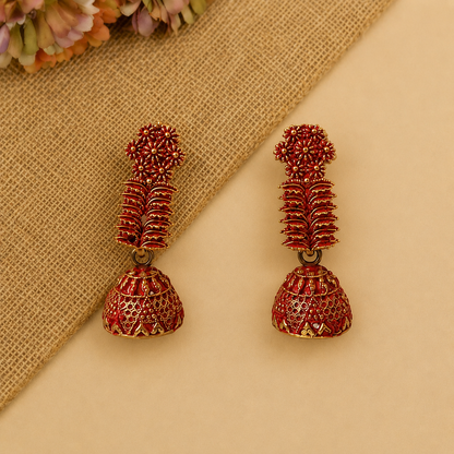 Red Golden Floral Traditional Jhumka Earrings for Women and Girls