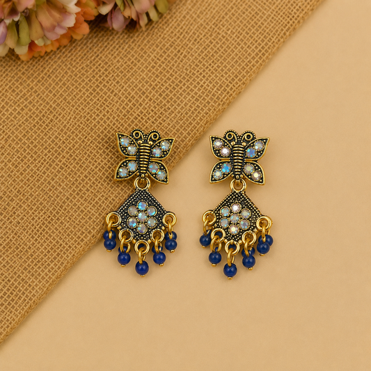 Blue Butterfly Charm Earrings with Bead Hangings for Women and Girls