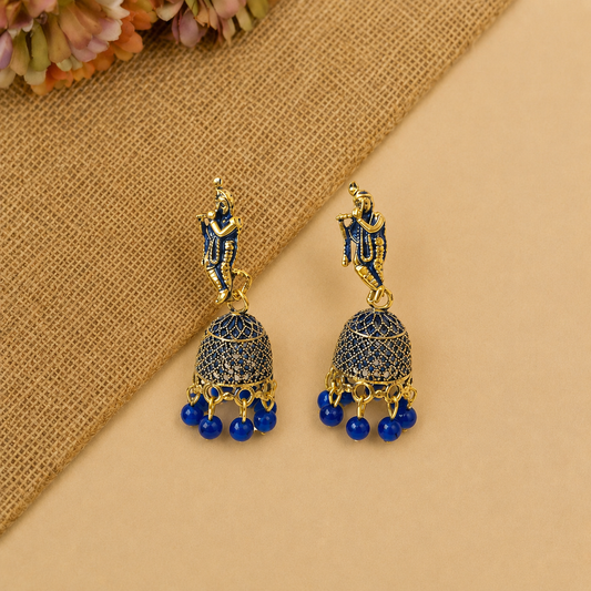 Blue Krishna Design Jhumka Earrings with Bead Drops for Women and Girls