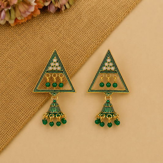 Trendy Green Triangle Jhumka Earrings for Women | Aesthetic Korean Style Ethnic Earrings