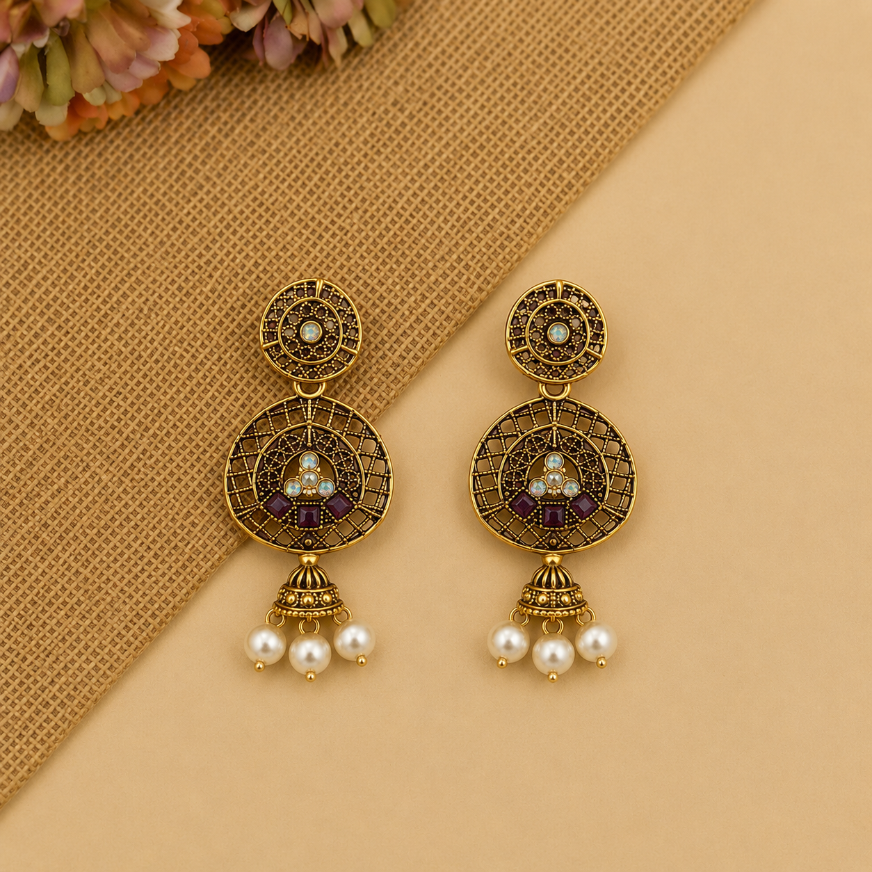 Golden Round Mirror Work Traditional Dangler Earrings for Women and Girls