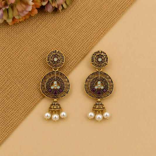 Golden Round Mirror Work Traditional Dangler Earrings for Women and Girls