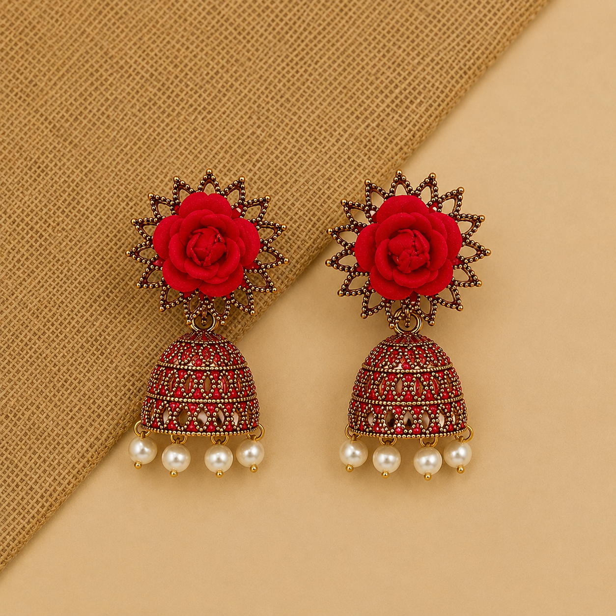 Rose Bloom Traditional Jhumka Earrings for Women | Red Floral Ethnic Party Earrings