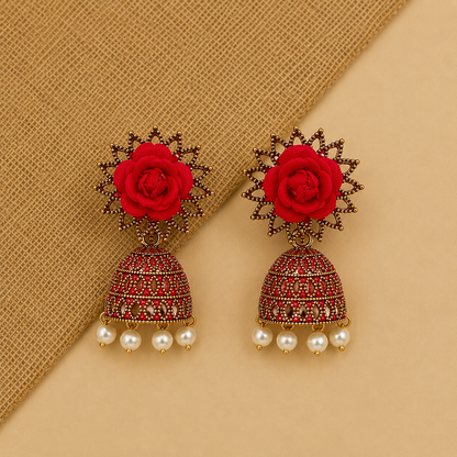 Rose Bloom Traditional Jhumka Earrings for Women | Red Floral Ethnic Party Earrings