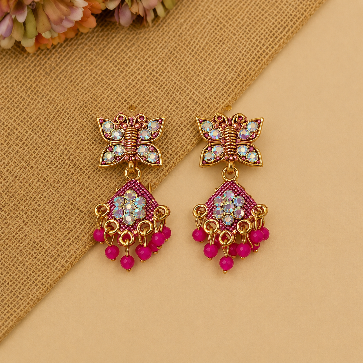 Butterfly Pink Drop Earrings for Women | Traditional Bead Earrings